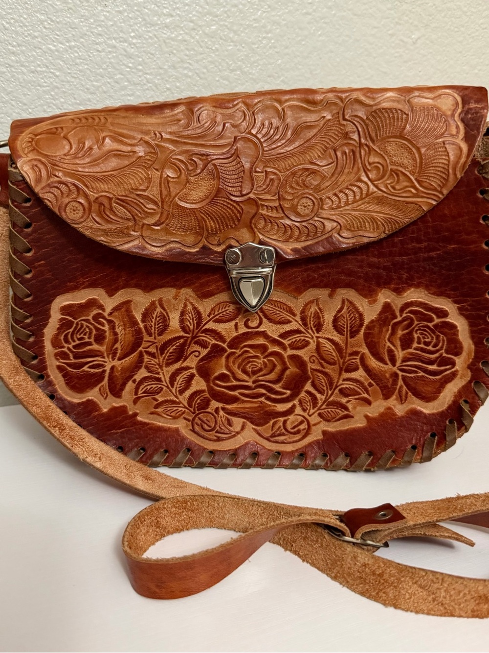 Vintage Hand Tooled Leather Crossbody Bag Rose Floral Whipstitch Saddle Purse